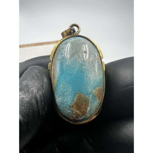 8 Natural Persian Turquoise Pendants Metal Brass Bulk Lot - Picture 6 of 10